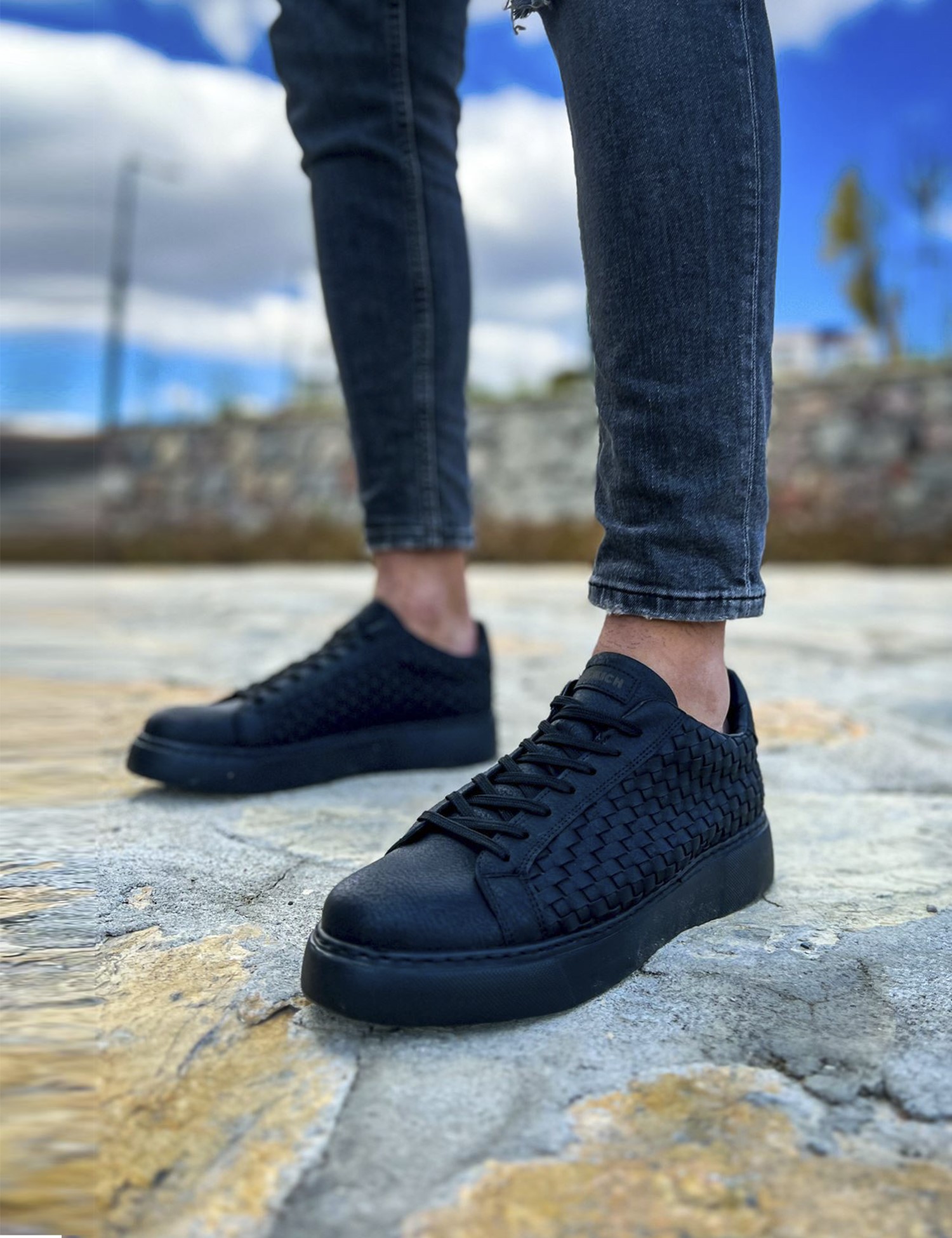 Ανδρικά μαύρα sneakers δερματίνη πλεκτό σχέδιο CH203 φωτογραφία